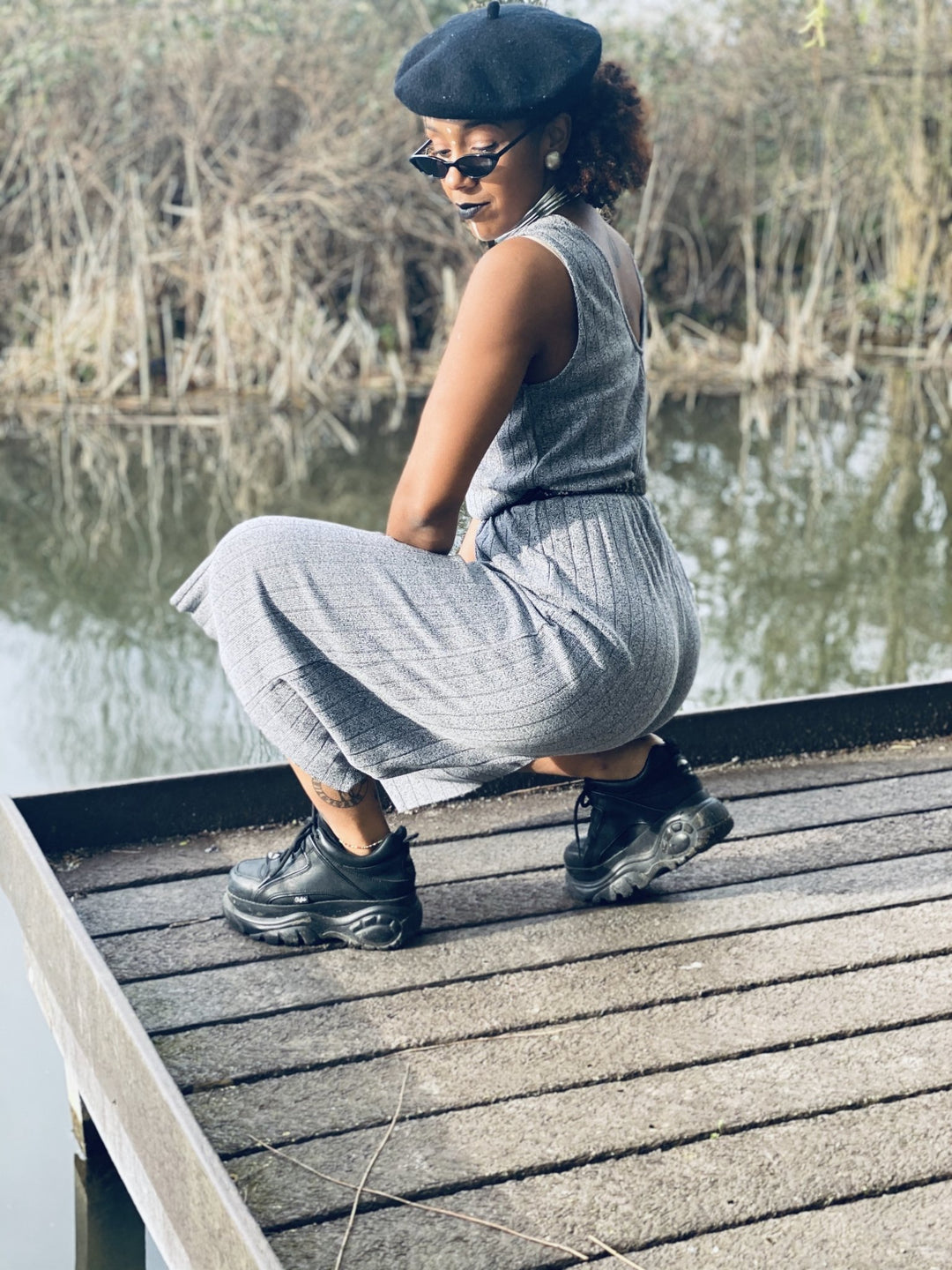 Grey Heather Jumpsuit - One Wear Freedom - Back Sitting