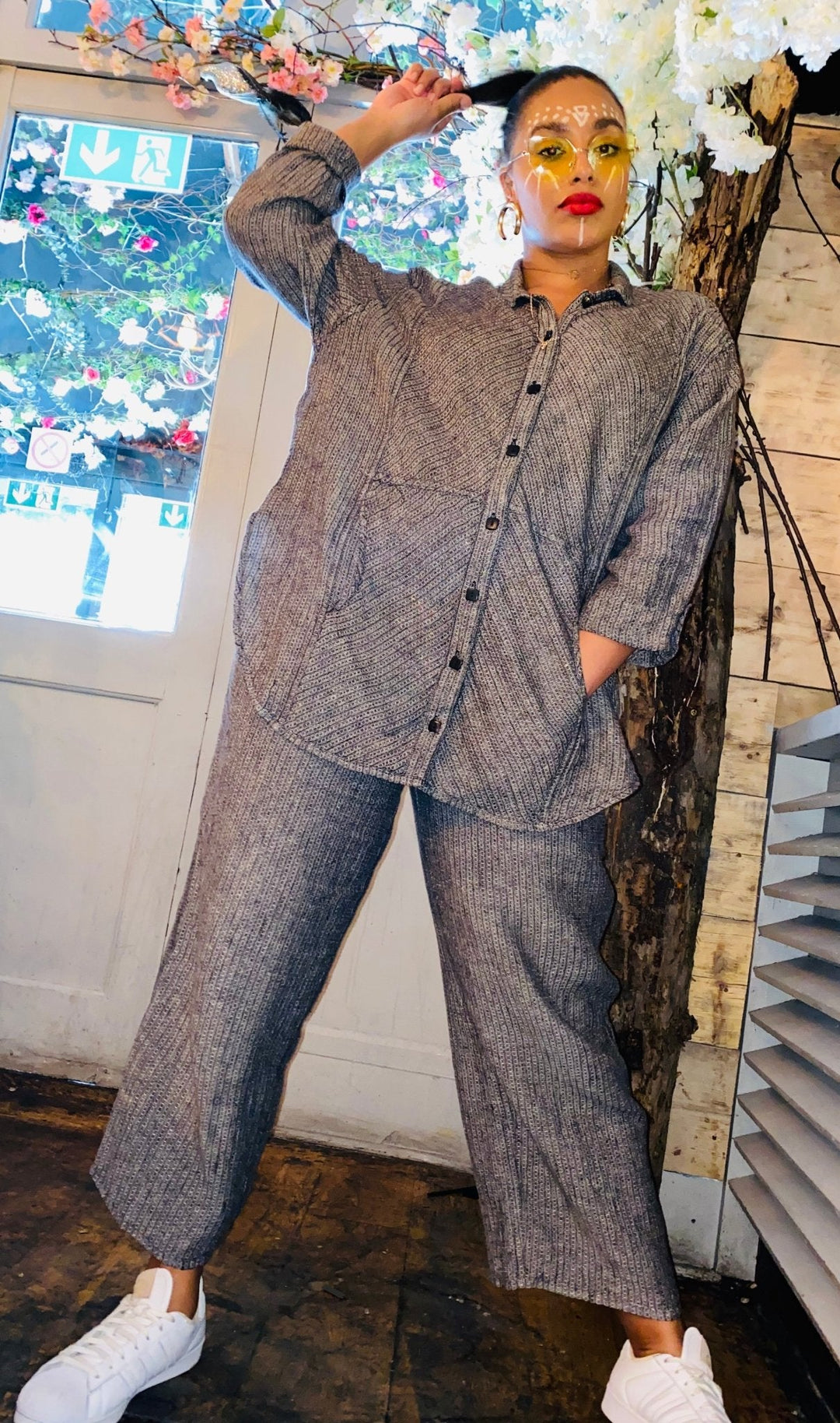 Grey Pin-Stripe Flax Oversized Shirt + Trouser Co-ord - One Wear Freedom 