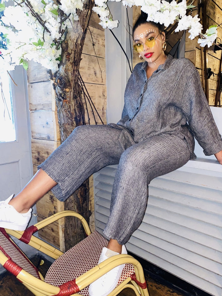 Grey Pin-Stripe Flax Oversized Shirt + Trouser Co-ord - One Wear Freedom 