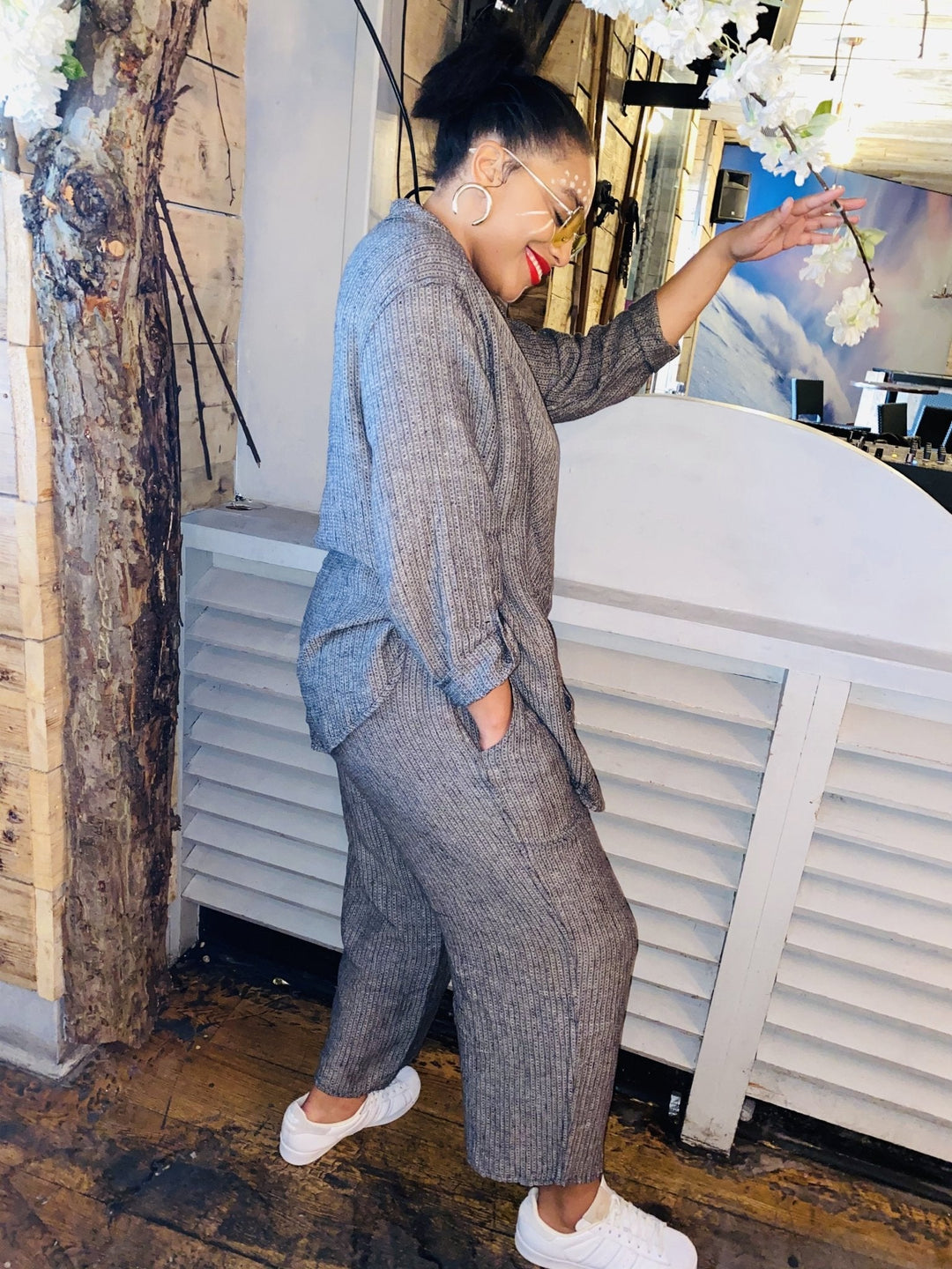 Grey Pin-Stripe Flax Oversized Shirt + Trouser Co-ord - One Wear Freedom 