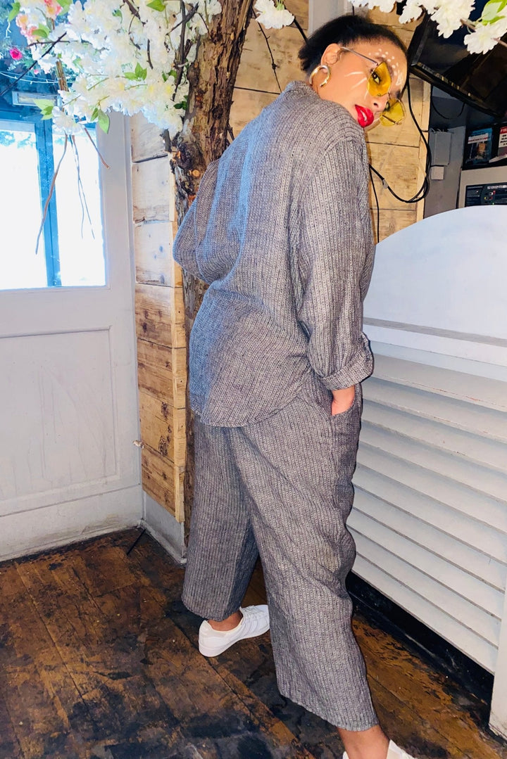 Grey Pin-Stripe Flax Oversized Shirt + Trouser Co-ord - One Wear Freedom 