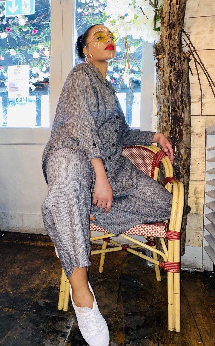 Grey Pin-Stripe Flax Oversized Shirt + Trouser Co-ord - One Wear Freedom 