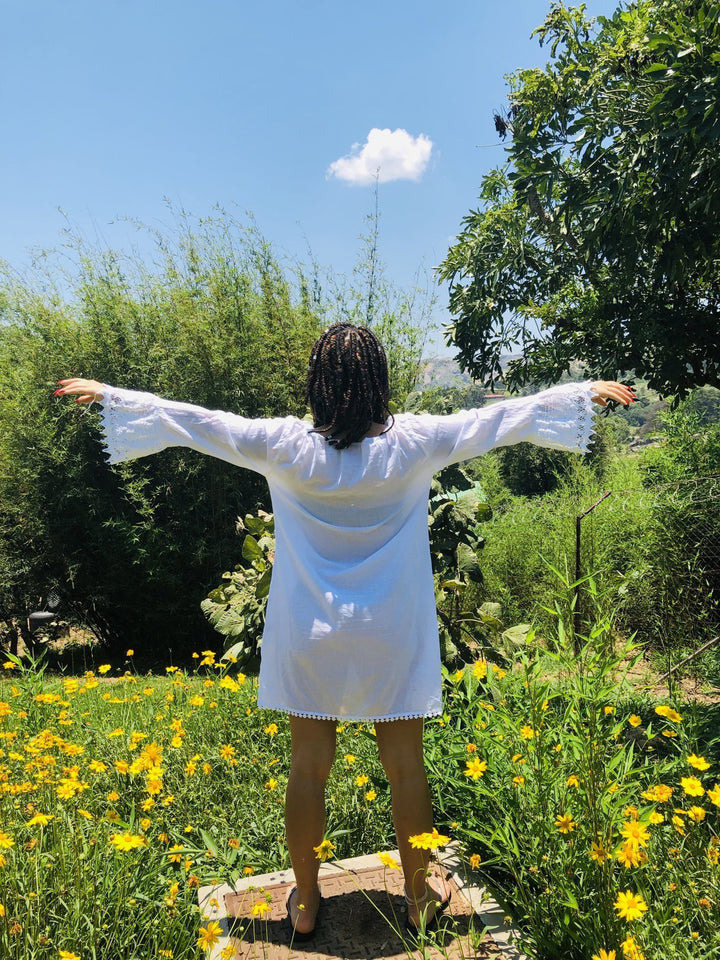 Jasmine Bardot Crochet Tunic - One Wear Freedom - Back Arms Up