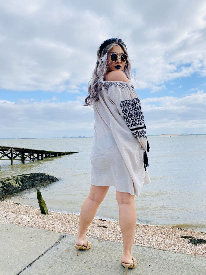 Jonquil Beige + Black Bardot Dress - One Wear Freedom 