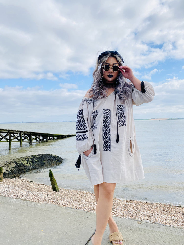 Jonquil Beige + Black Bardot Dress - One Wear Freedom 