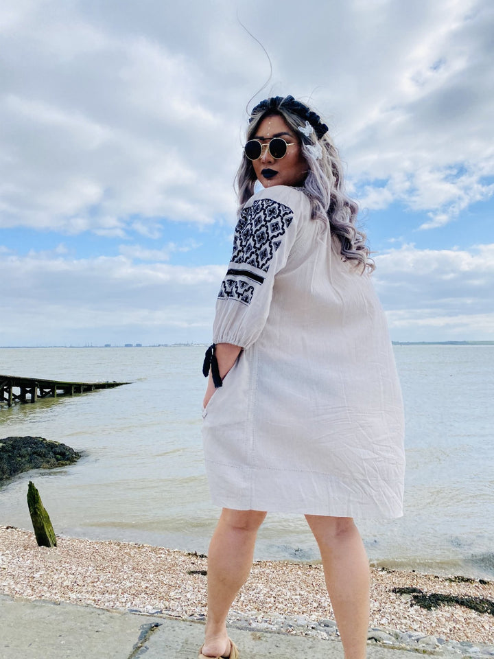 Jonquil Beige + Black Bardot Dress - One Wear Freedom 