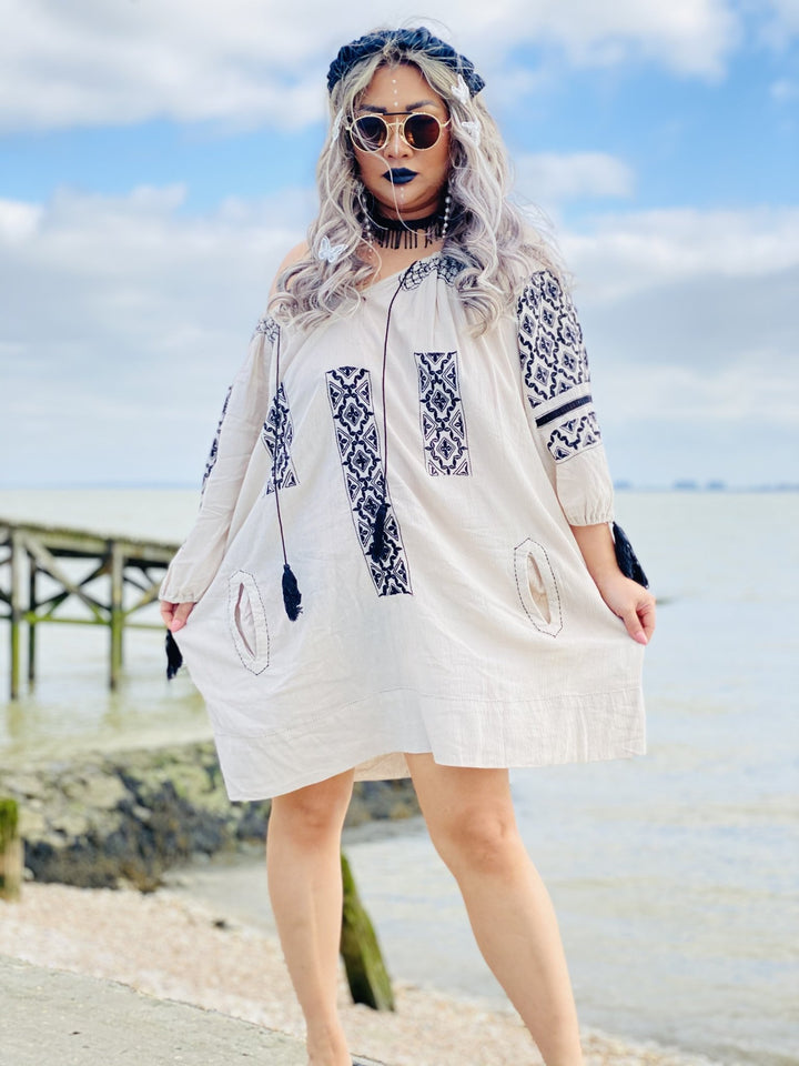 Jonquil Beige + Black Bardot Dress - One Wear Freedom 