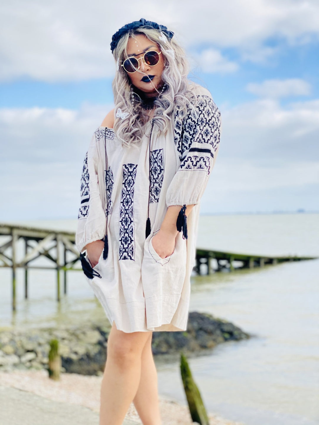 Jonquil Beige + Black Bardot Dress - One Wear Freedom 