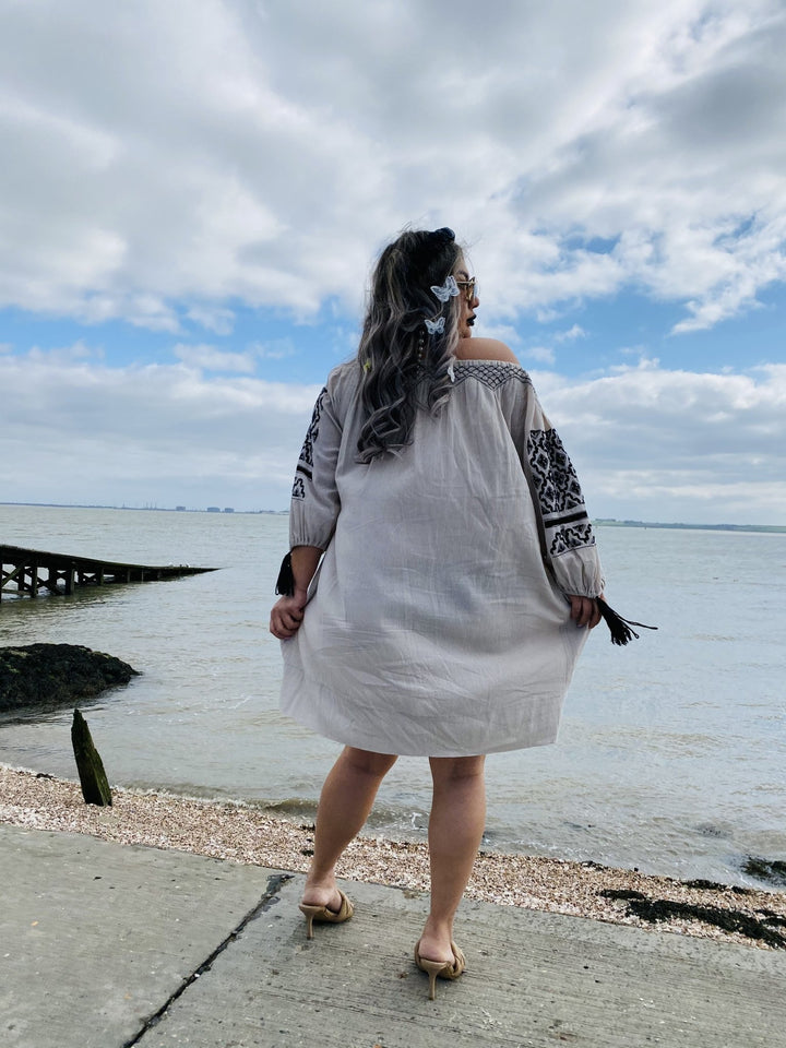 Jonquil Beige + Black Bardot Dress - One Wear Freedom 