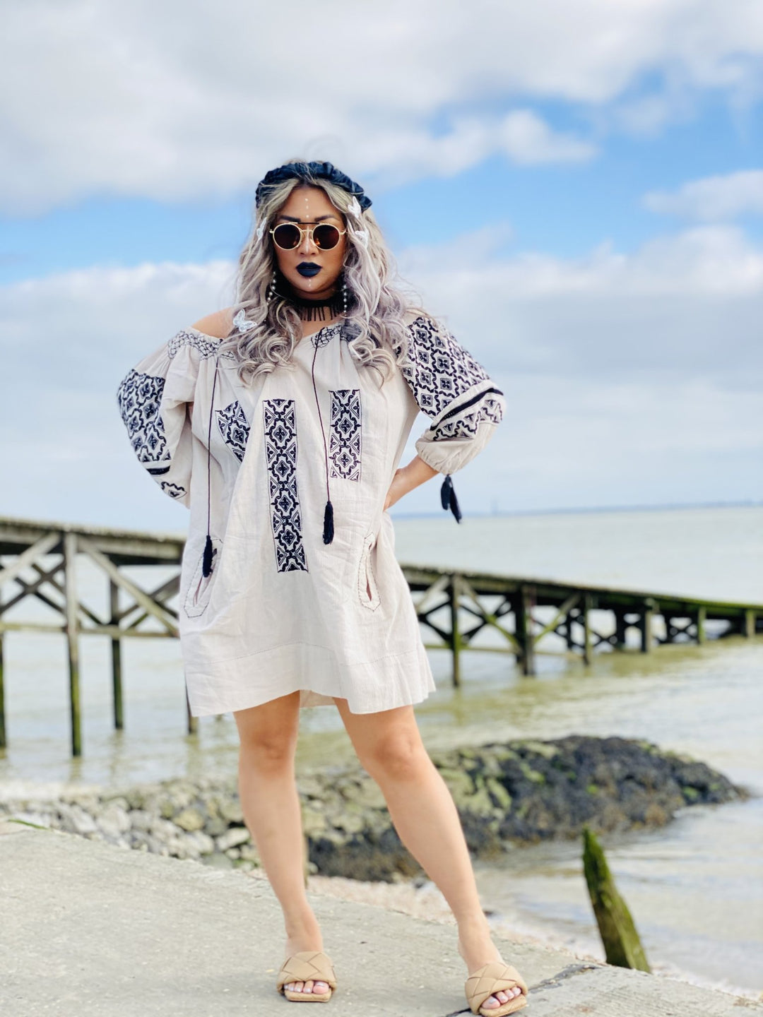 Jonquil Beige + Black Bardot Dress - One Wear Freedom 