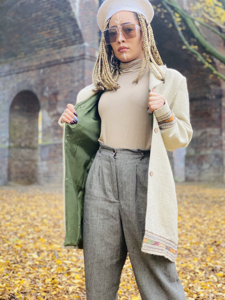 Latte + Forrest Trim Afghan Coat - One Wear Freedom 
