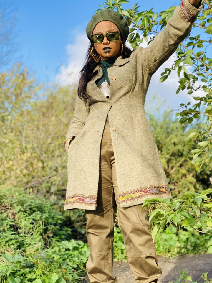 Latte + Forrest Trim Afghan Coat - One Wear Freedom 