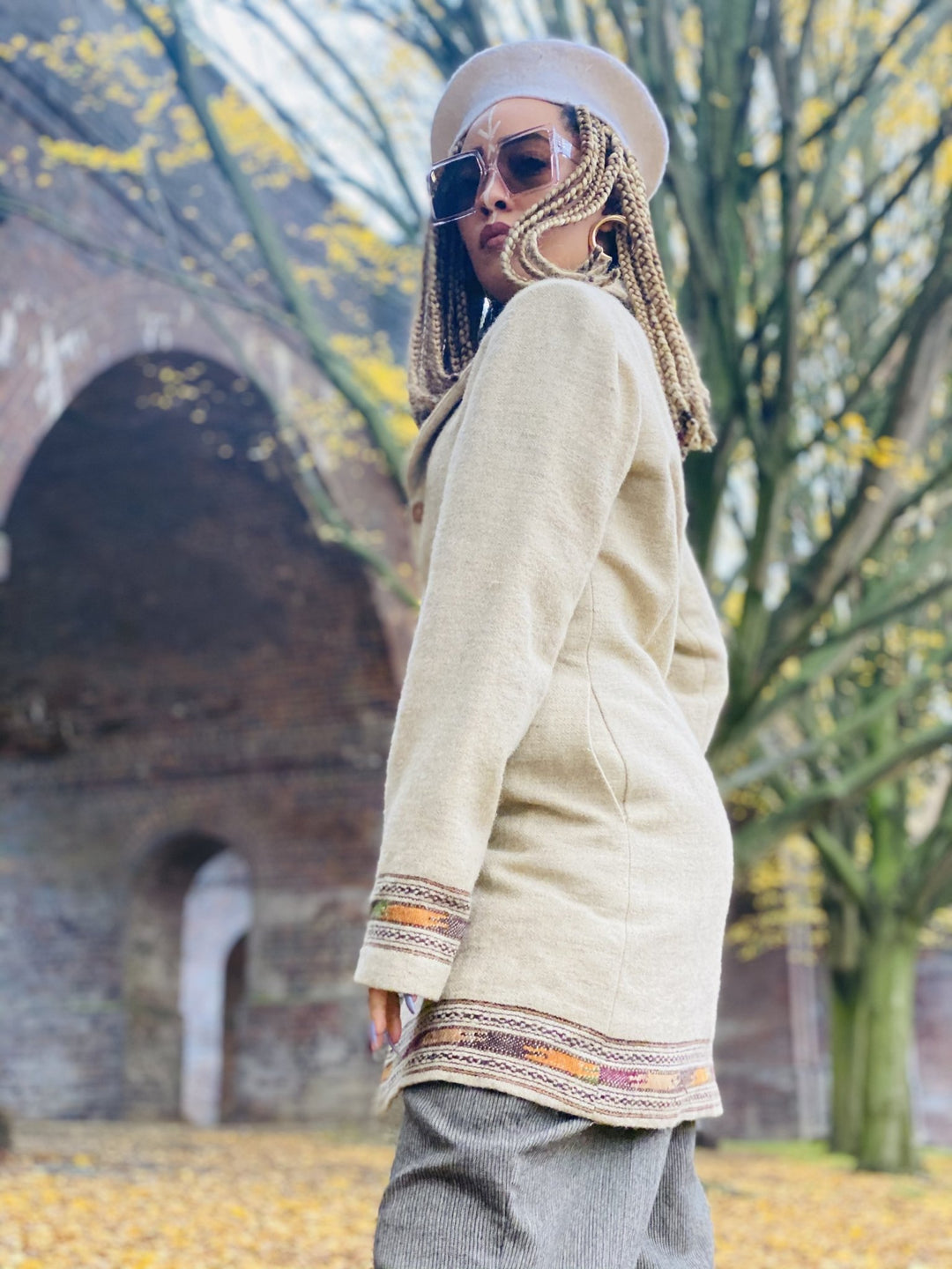 Latte + Forrest Trim Afghan Coat - One Wear Freedom 