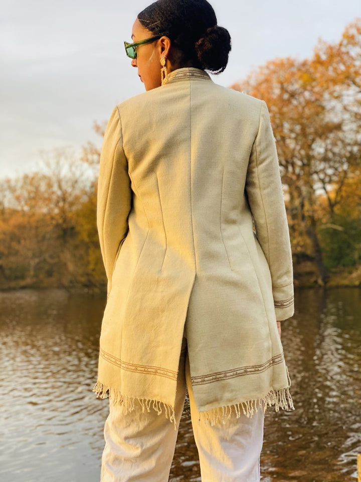 Light Latte + Brown Trim Afghan Coat - One Wear Freedom 