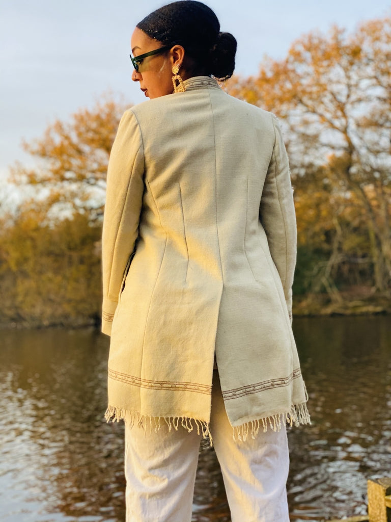 Light Latte + Brown Trim Afghan Coat - One Wear Freedom #product_tags#