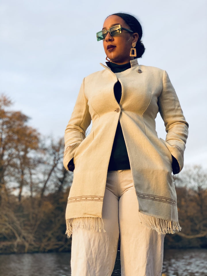 Light Latte + Brown Trim Afghan Coat - One Wear Freedom 