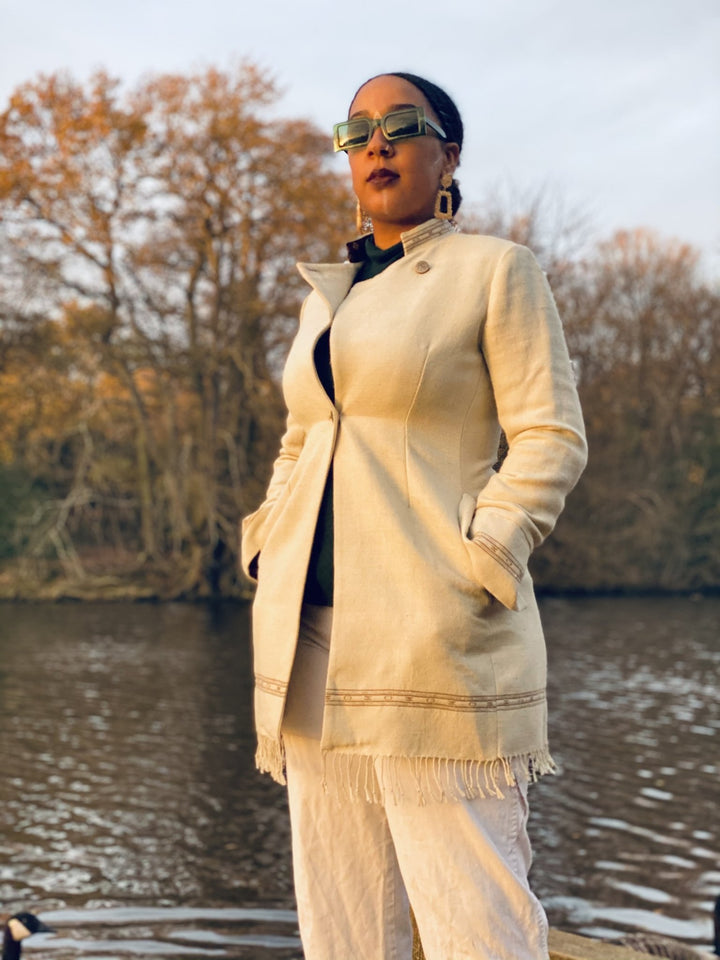 Light Latte + Brown Trim Afghan Coat - One Wear Freedom 