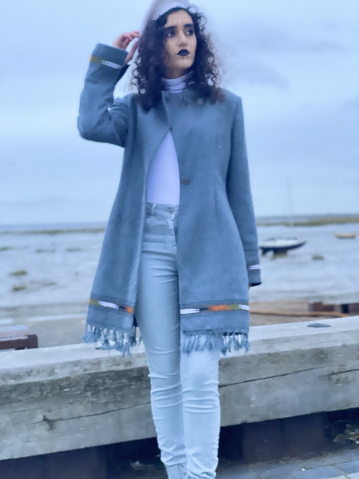 Light Latte + Brown Trim Afghan Coat - One Wear Freedom 
