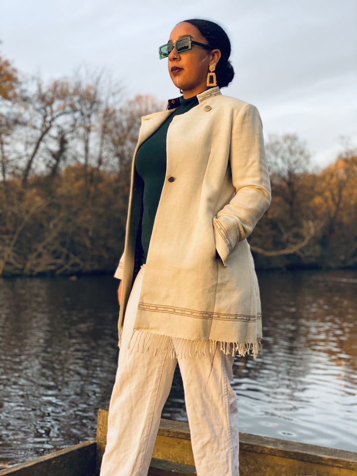 Light Latte + Brown Trim Afghan Coat - One Wear Freedom 