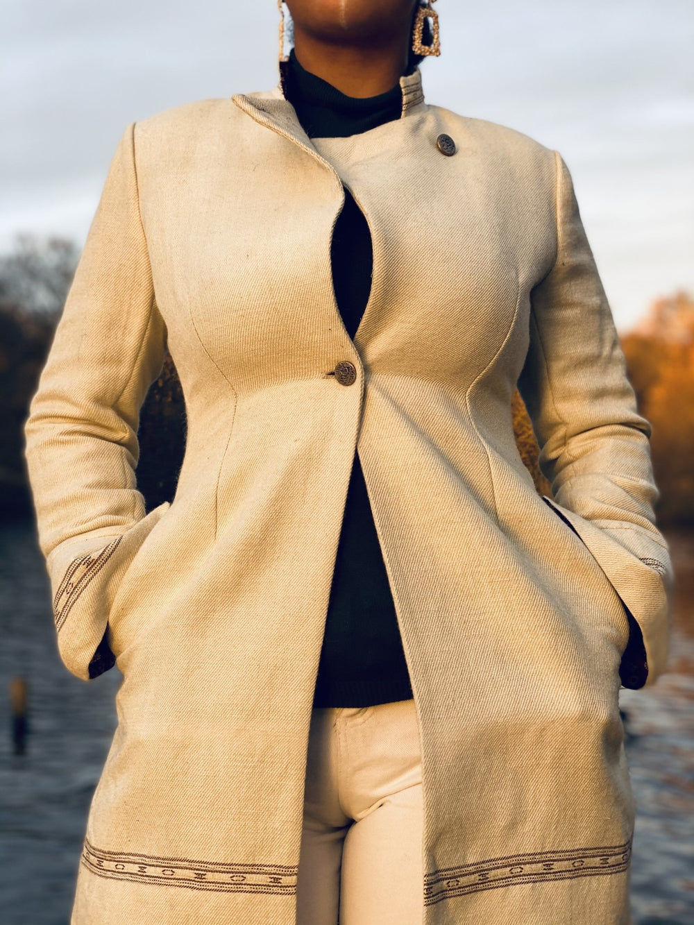 Light Latte + Brown Trim Afghan Coat - One Wear Freedom #product_tags#