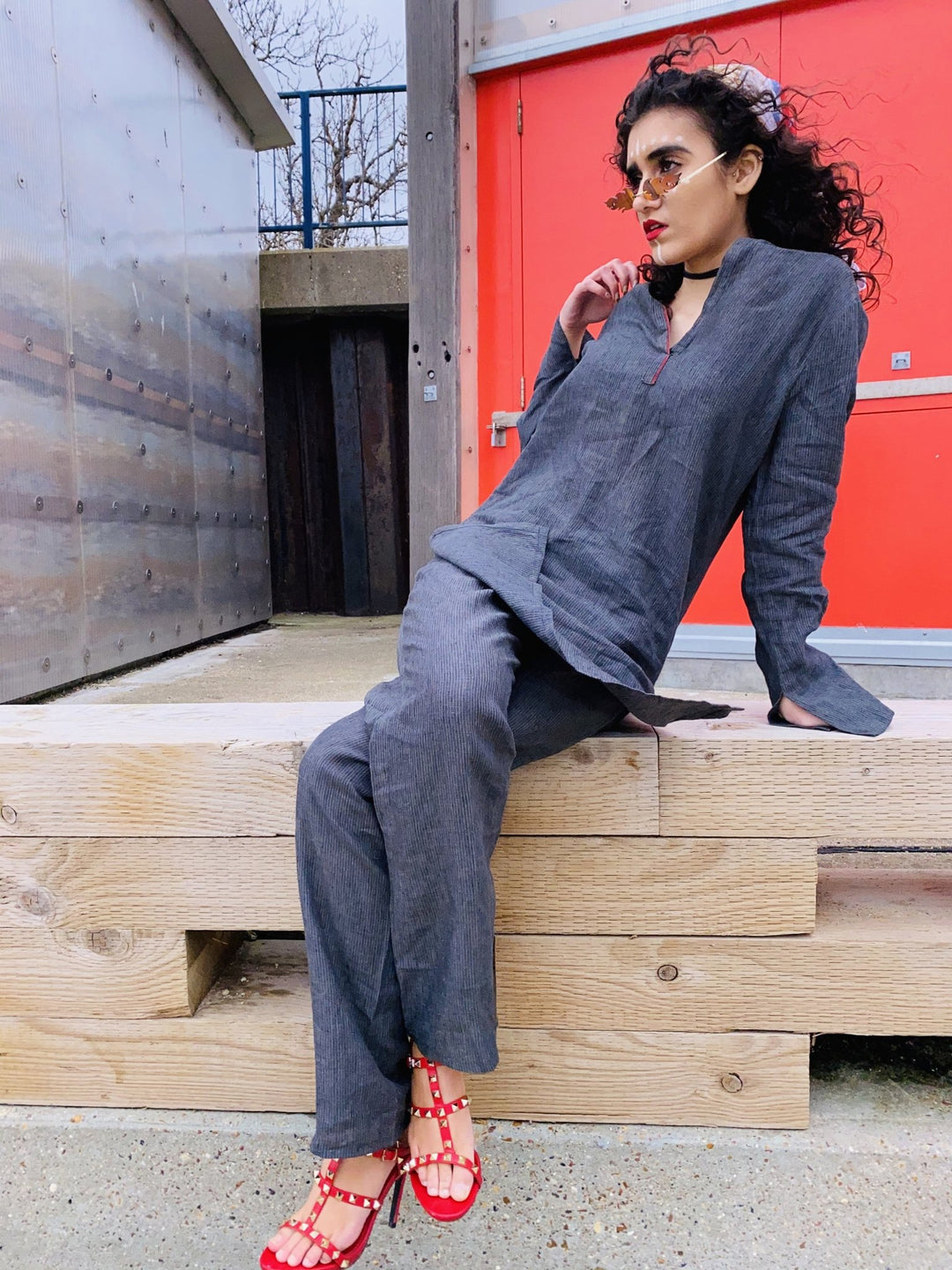 Lightning Afghan Pin-Stripe Tunic + Trouser Co-ord - One Wear Freedom - Front Sitting