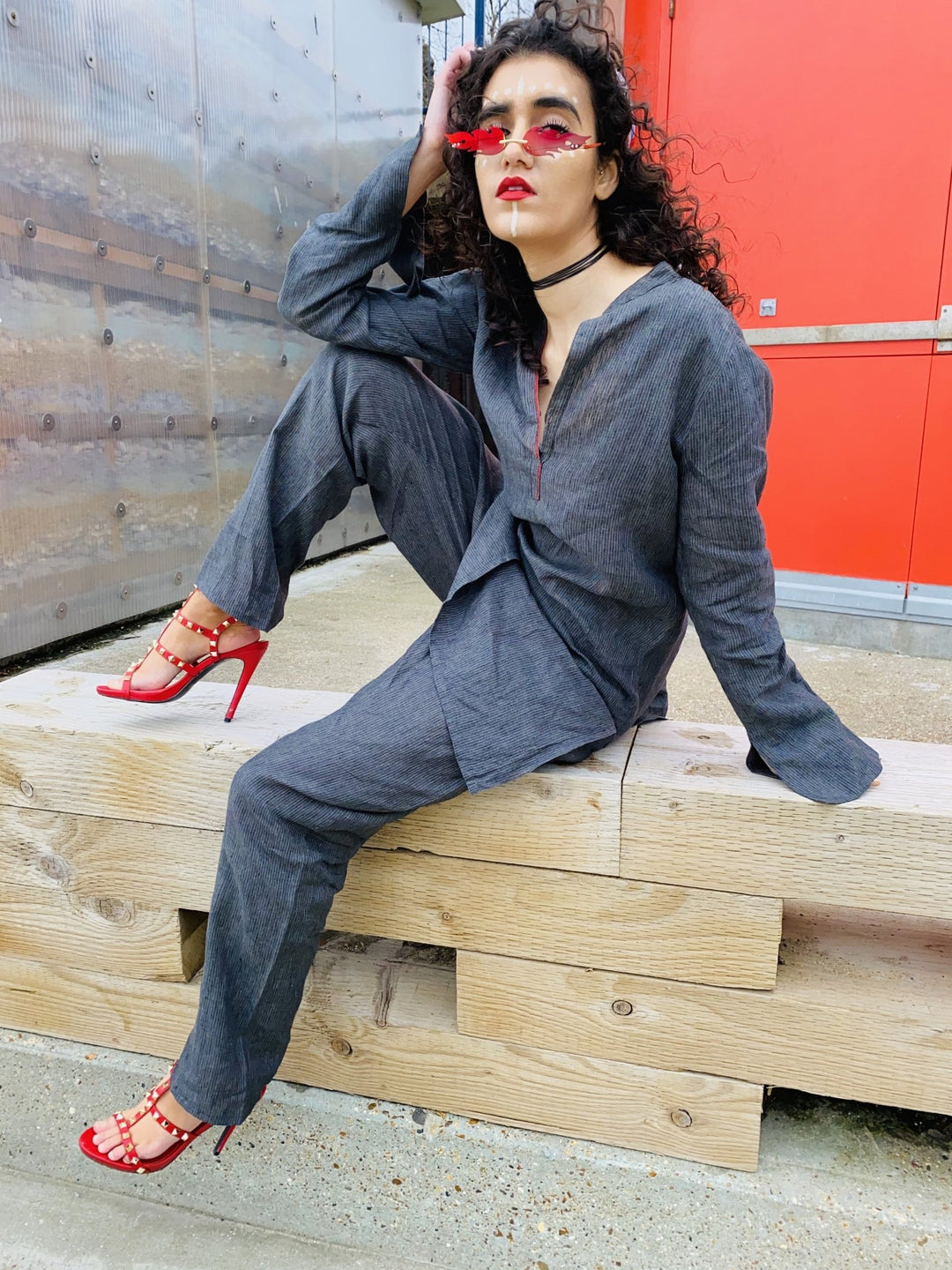 Lightning Afghan Pin-Stripe Tunic + Trouser Co-ord - One Wear Freedom - Front 