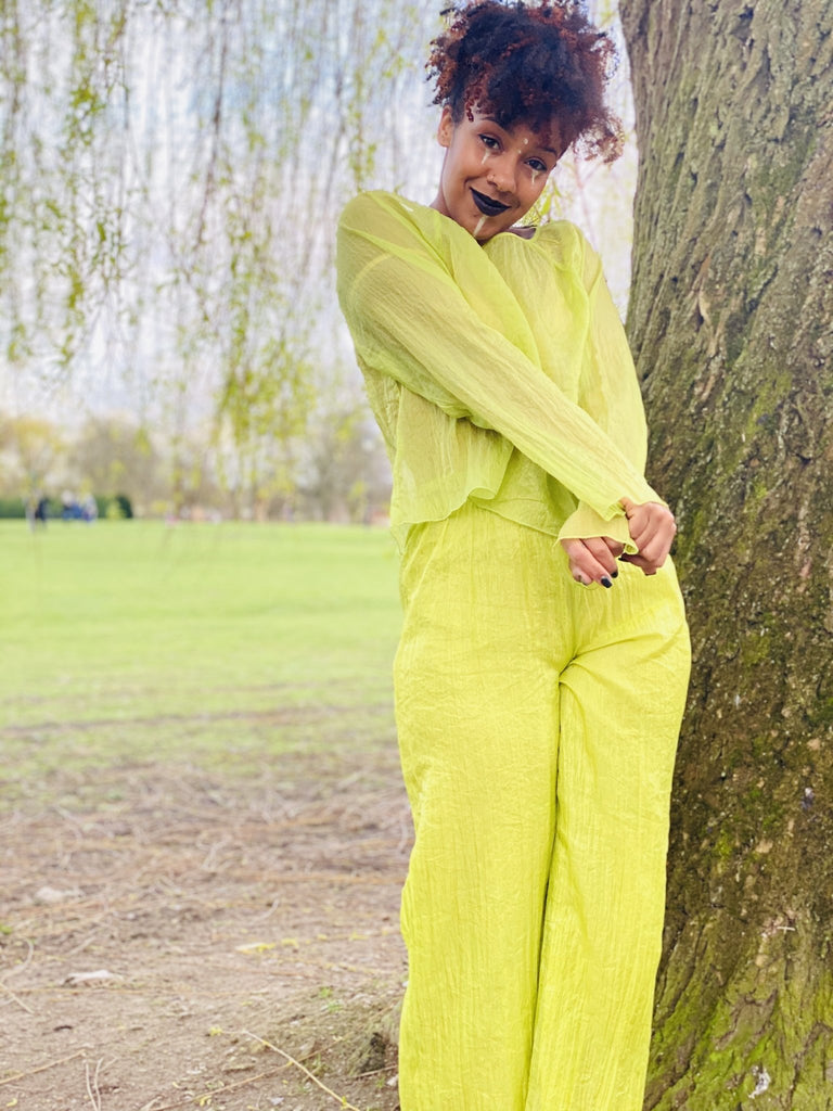 Lime Shimmer + Chiffon Blouse + Trouser Co-ord - One Wear Freedom - Front Plain