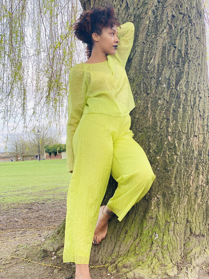 Lime Shimmer + Chiffon Blouse + Trouser Co-ord - One Wear Freedom - Front/Side