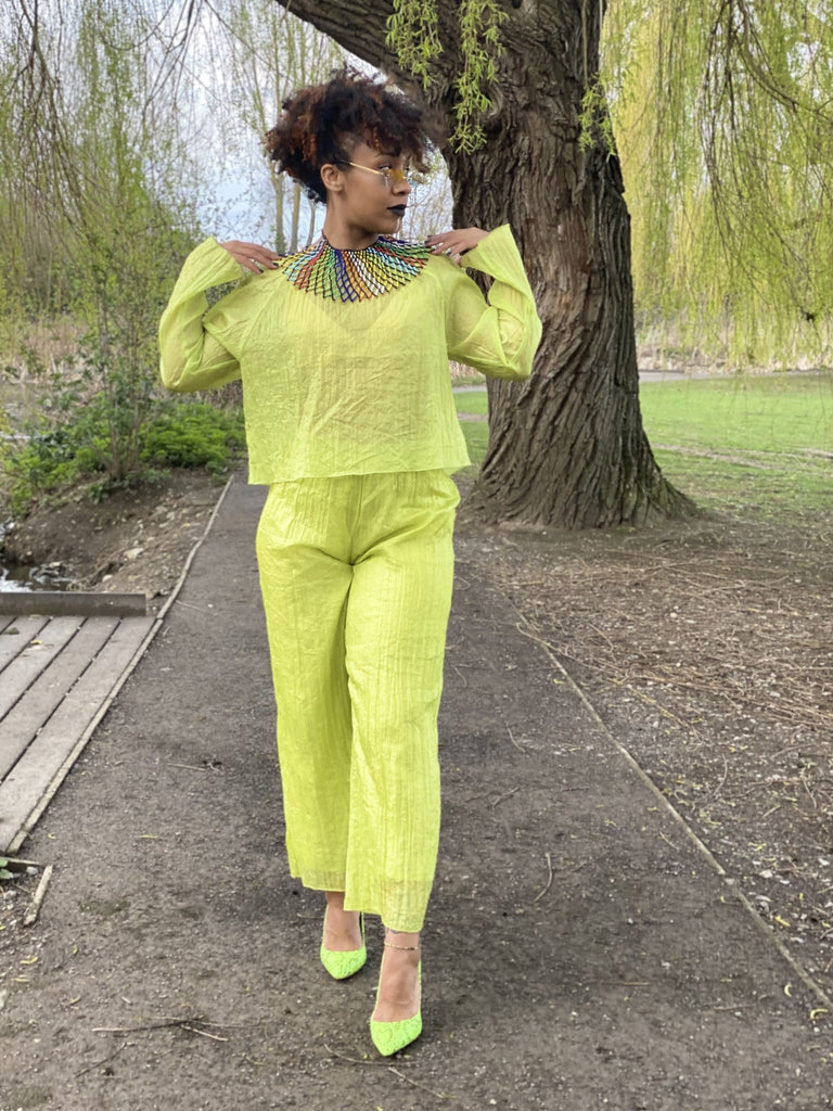Lime Shimmer + Chiffon Blouse + Trouser Co-ord - One Wear Freedom - Front