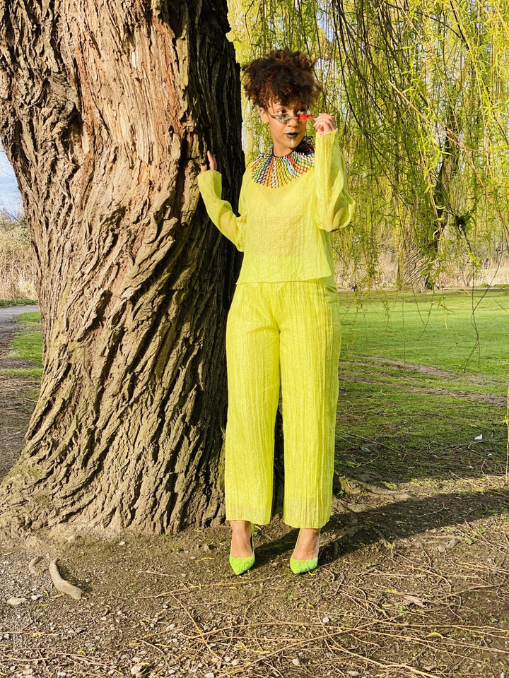 Lime Shimmer + Chiffon Blouse + Trouser Co-ord - One Wear Freedom - Front Main