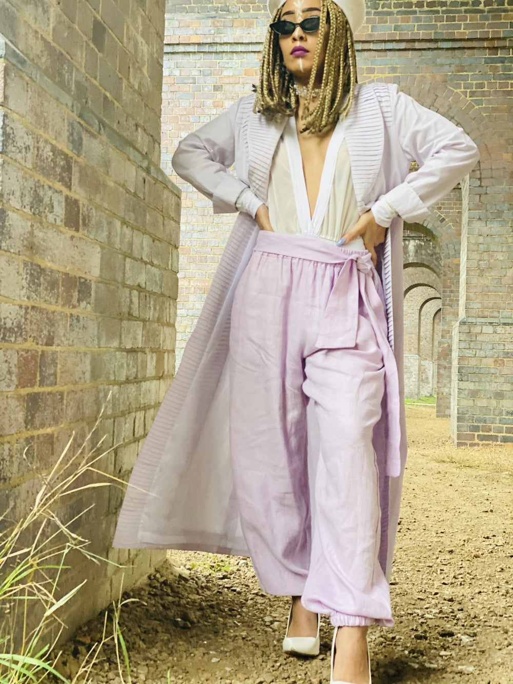 Mallow Lilac Maxi Coat with Pleated Collar + Linen Cuff Trouser Co-ord - One Wear Freedom #product_tags#