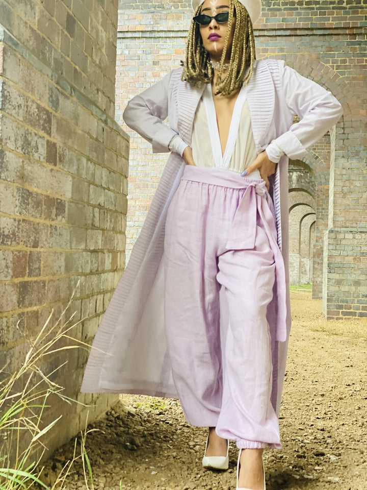 Mallow Lilac Maxi Coat with Pleated Collar + Linen Cuff Trouser Co-ord - One Wear Freedom 