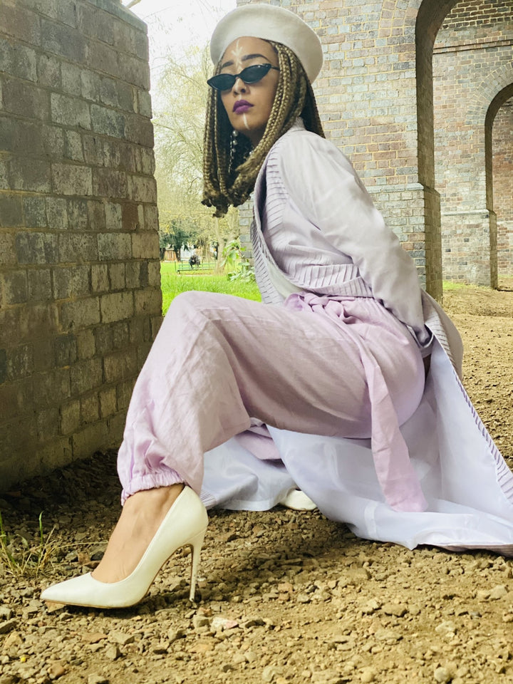 Mallow Lilac Maxi Coat with Pleated Collar + Linen Cuff Trouser Co-ord - One Wear Freedom 