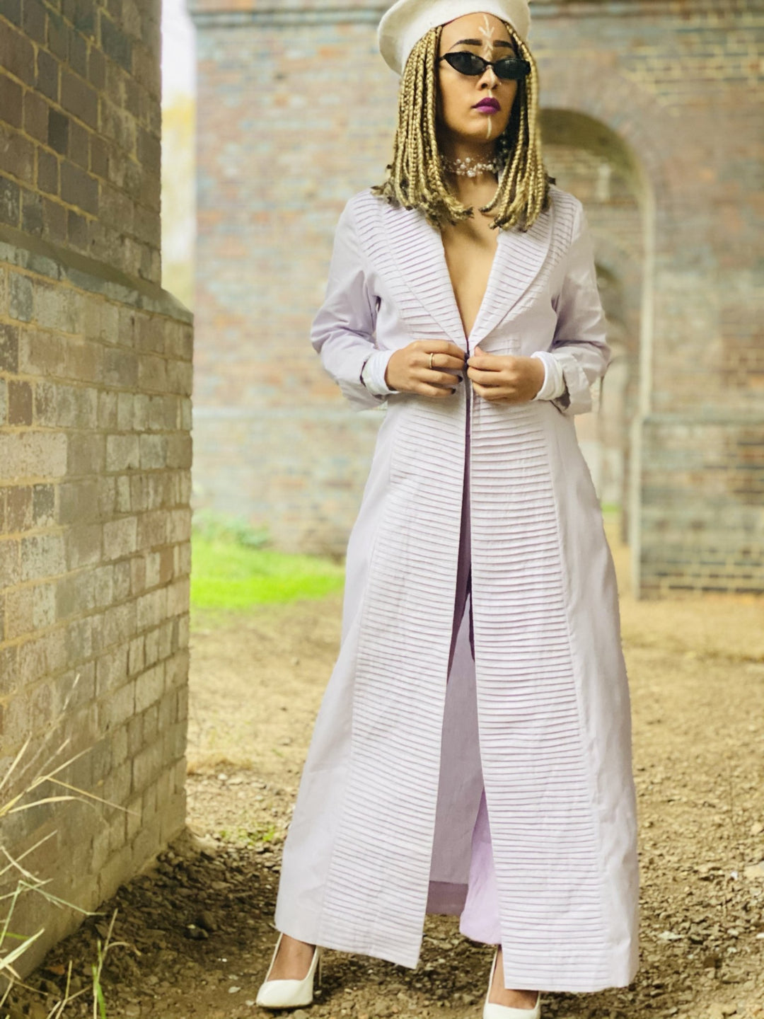 Mallow Lilac Maxi Coat with Pleated Collar + Linen Cuff Trouser Co-ord - One Wear Freedom 
