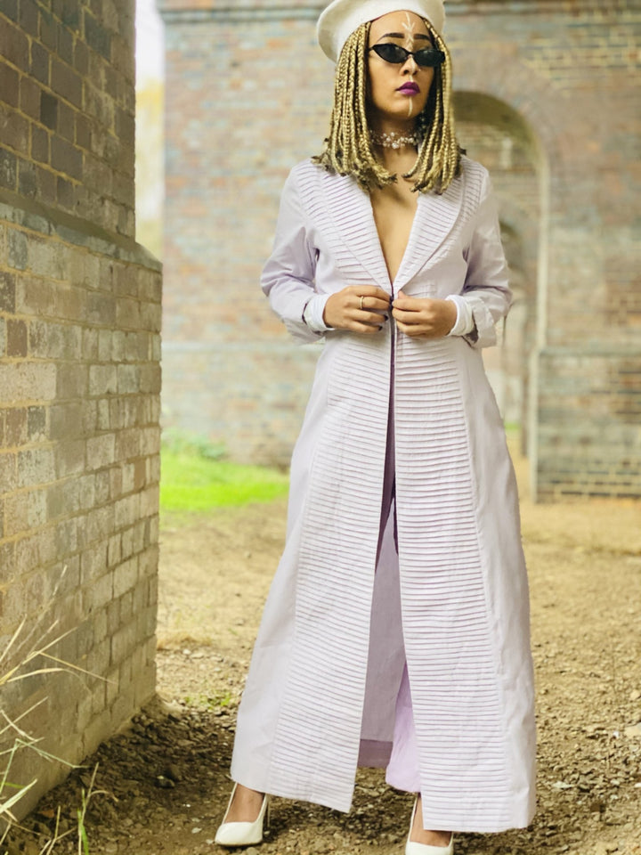Mallow Lilac Maxi Coat with Pleated Collar + Linen Cuff Trouser Co-ord - One Wear Freedom 