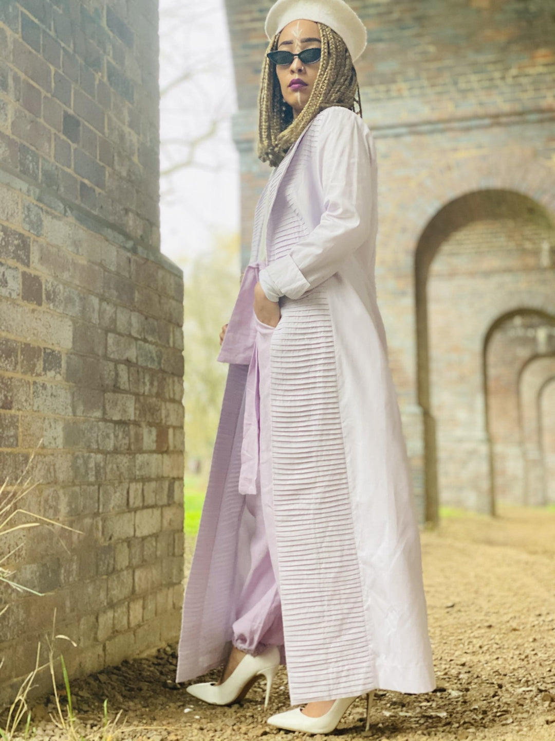 Mallow Lilac Maxi Coat with Pleated Collar + Linen Cuff Trouser Co-ord - One Wear Freedom 