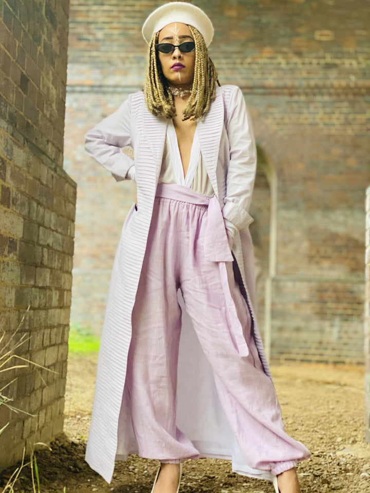 Mallow Lilac Maxi Coat with Pleated Collar + Linen Cuff Trouser Co-ord - One Wear Freedom 