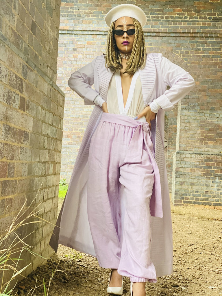 Mallow Lilac Maxi Coat with Pleated Collar + Linen Cuff Trouser Co-ord - One Wear Freedom #product_tags#