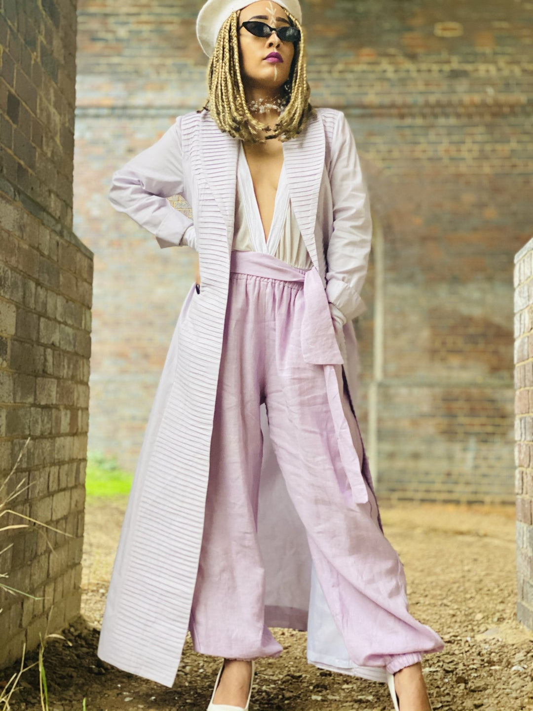 Mallow Lilac Maxi Coat with Pleated Collar + Linen Cuff Trouser Co-ord - One Wear Freedom #product_tags#