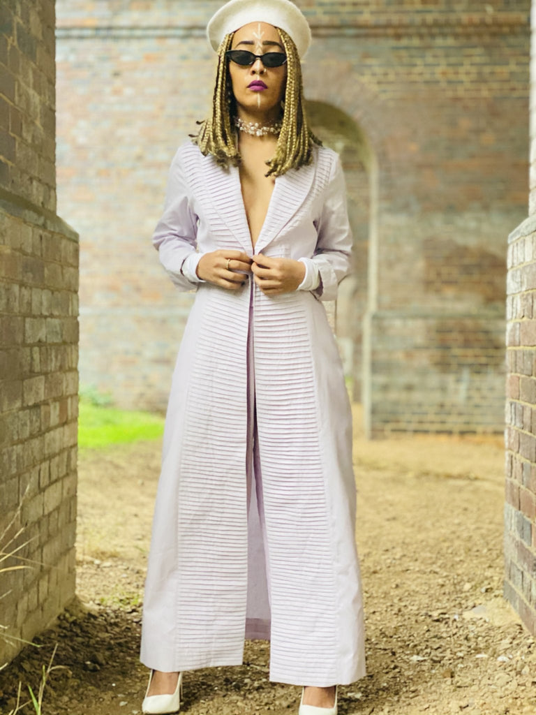 Mallow Lilac Maxi Coat with Pleated Collar + Linen Cuff Trouser Co-ord - One Wear Freedom #product_tags#