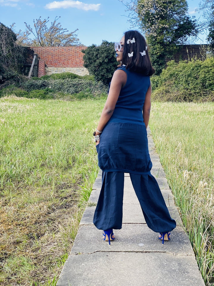 Navy Camellia Ruffle Blouse + Trouser Co-ord - One Wear Freedom 