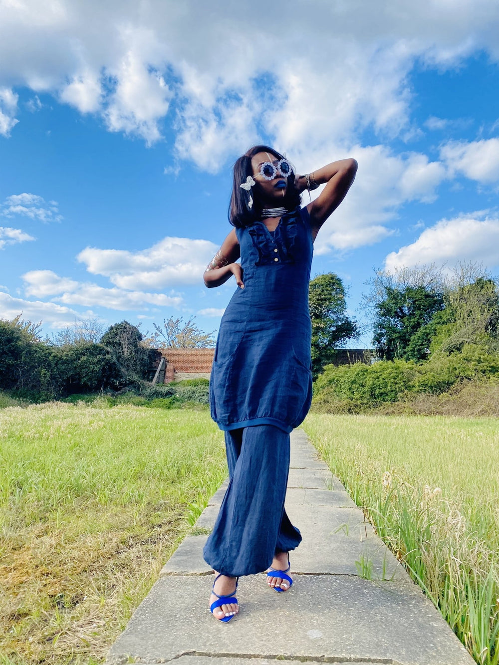 Navy Camellia Ruffle Blouse + Trouser Co-ord - One Wear Freedom #product_tags#