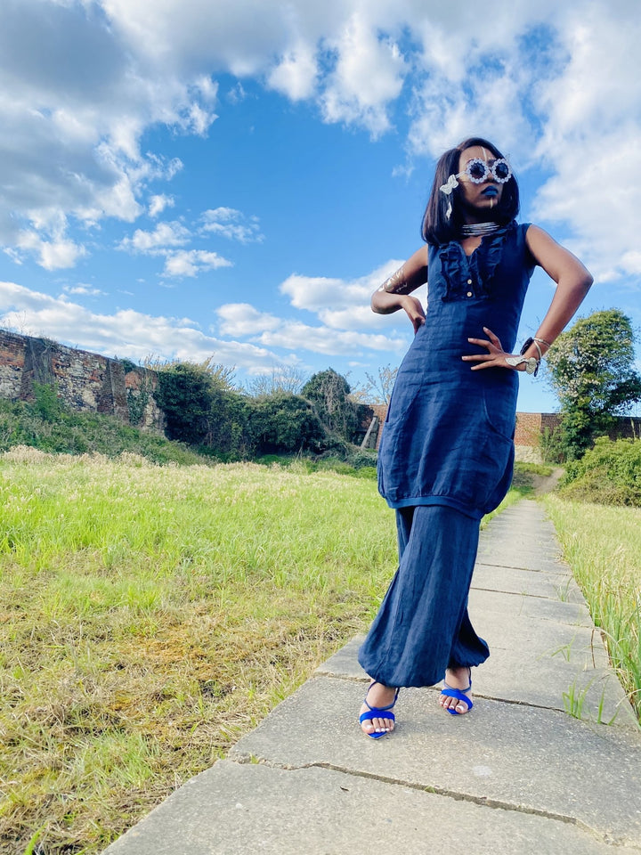 Navy Camellia Ruffle Blouse + Trouser Co-ord - One Wear Freedom 