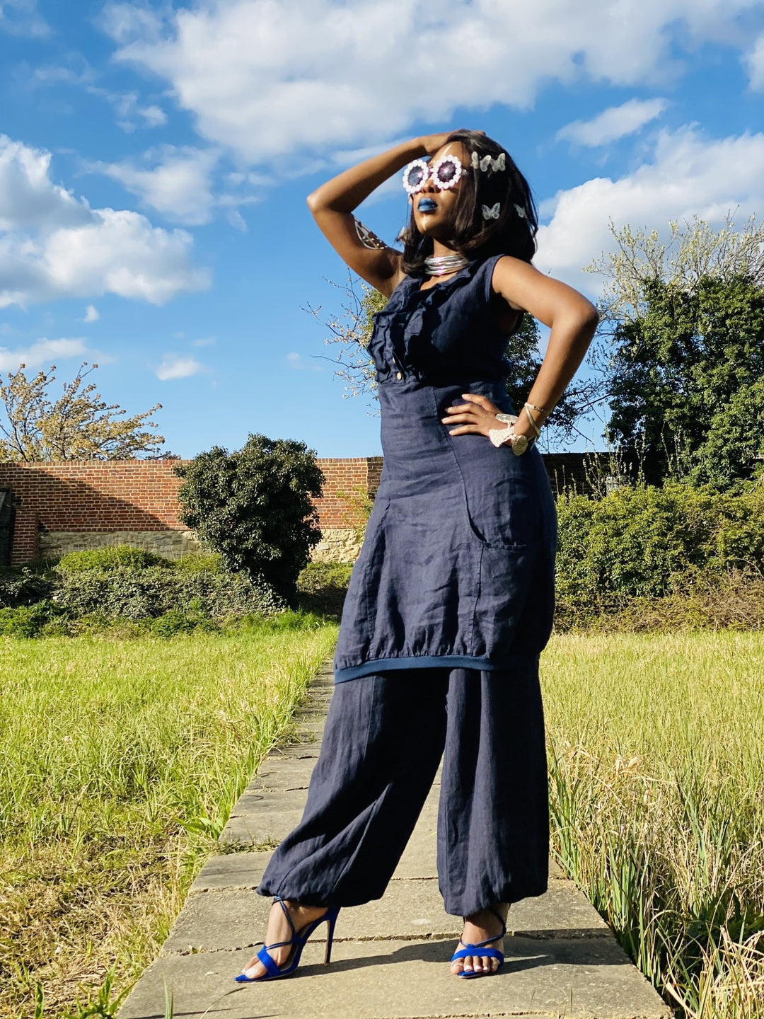 Navy Camellia Ruffle Blouse + Trouser Co-ord - One Wear Freedom 