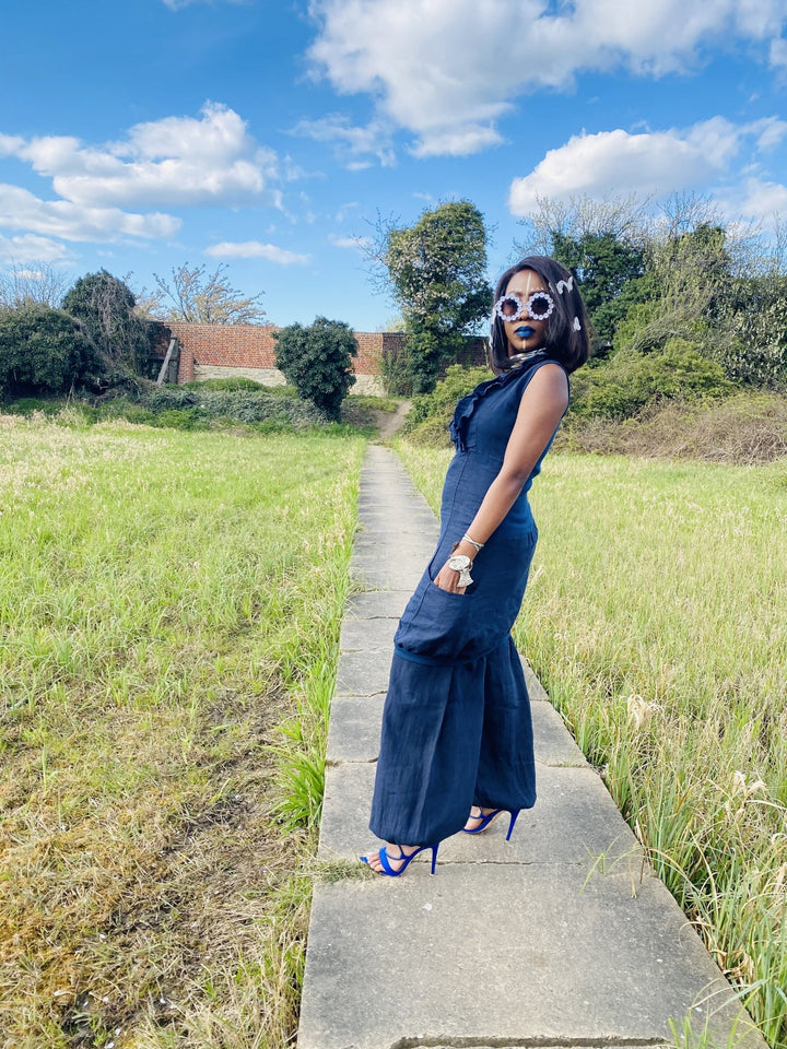 Navy Camellia Ruffle Blouse + Trouser Co-ord - One Wear Freedom 