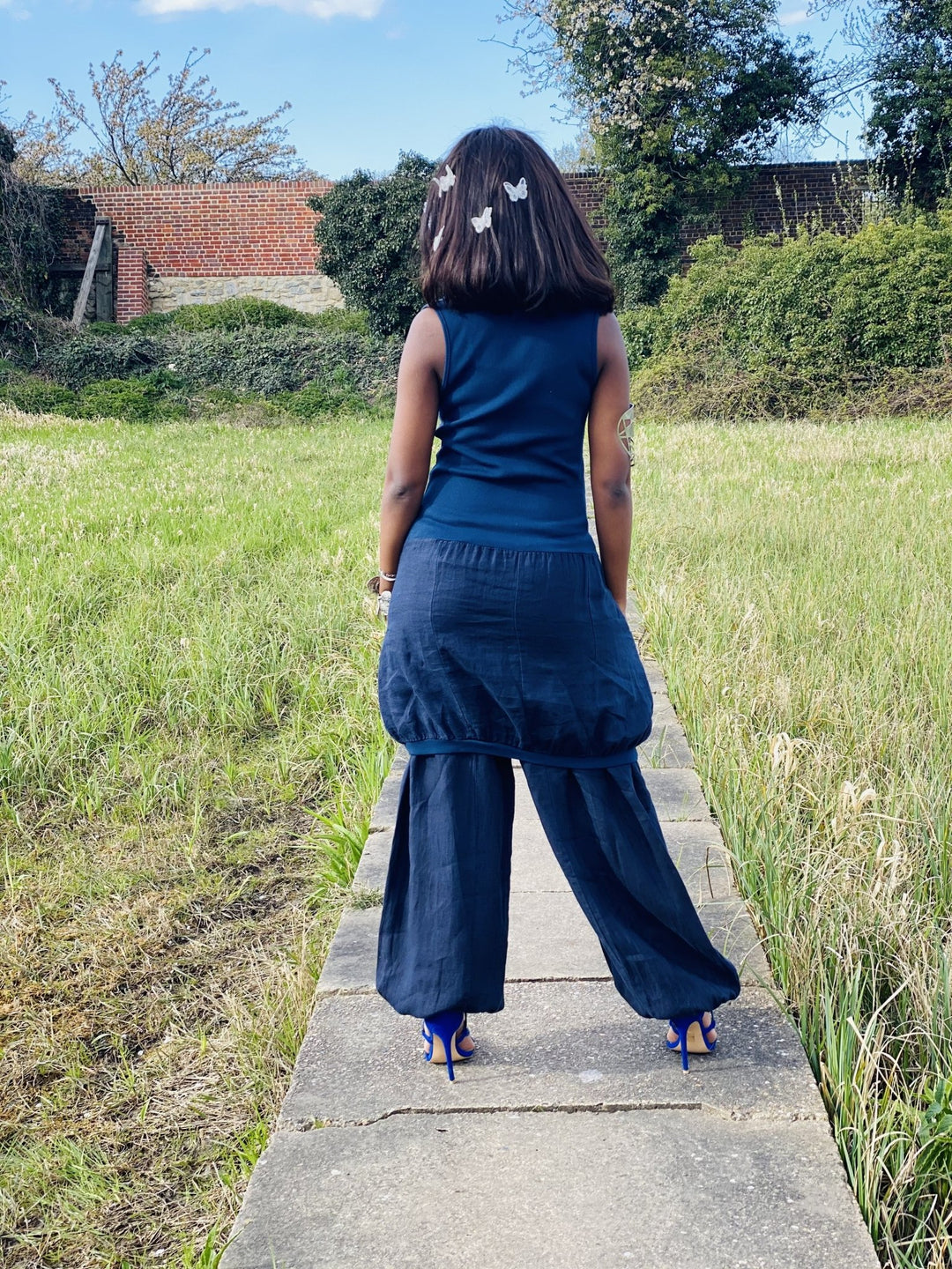 Navy Camellia Ruffle Blouse + Trouser Co-ord - One Wear Freedom 