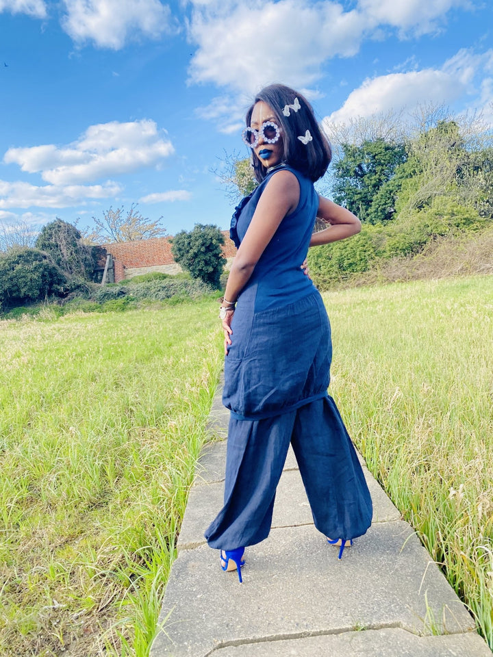Navy Camellia Ruffle Blouse + Trouser Co-ord - One Wear Freedom 