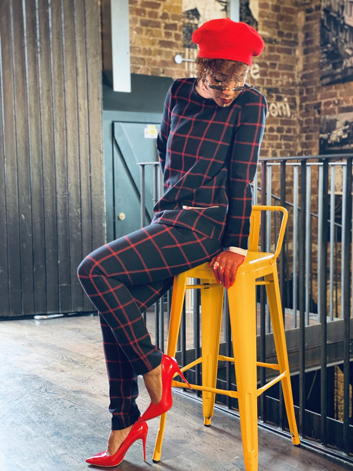 Navy + Red Plaid Longline Jumper + Straight Trouser Co-ord - One Wear Freedom 