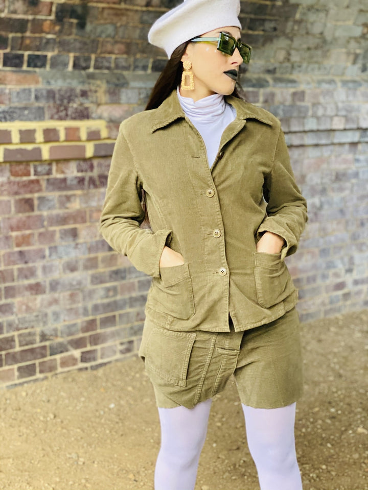Olive Deconstructed Corduroy Mini Skirt + Blazer Suit - One Wear Freedom 
