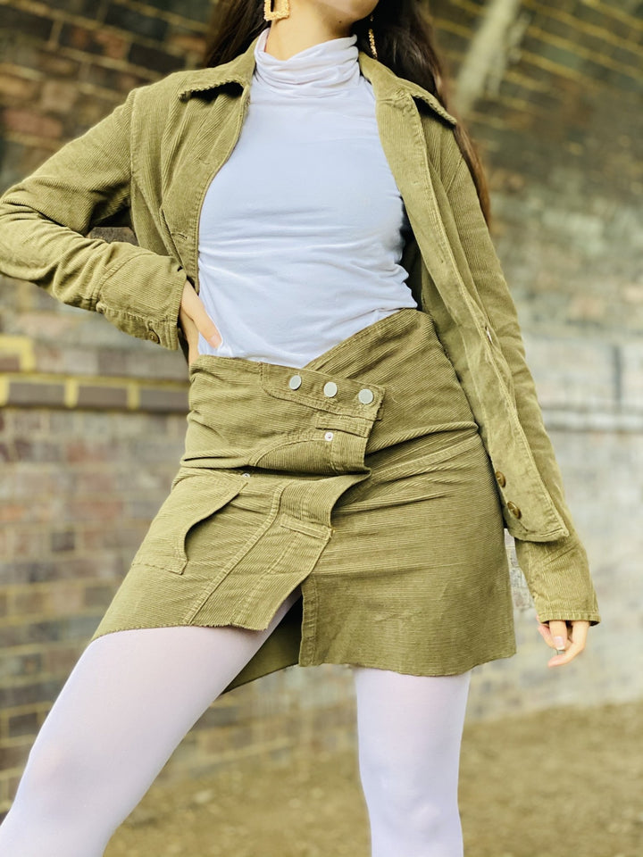 Olive Deconstructed Corduroy Mini Skirt + Blazer Suit - One Wear Freedom 